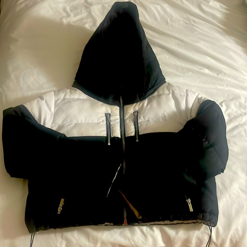 Black and white Maniere De Voir ski coat reversible